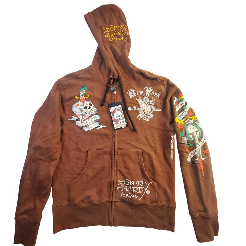 Y2K Ed Hardy Tattoo Bedazzled Graphic M Full Zip Hoodie Christian Audigier NWT
